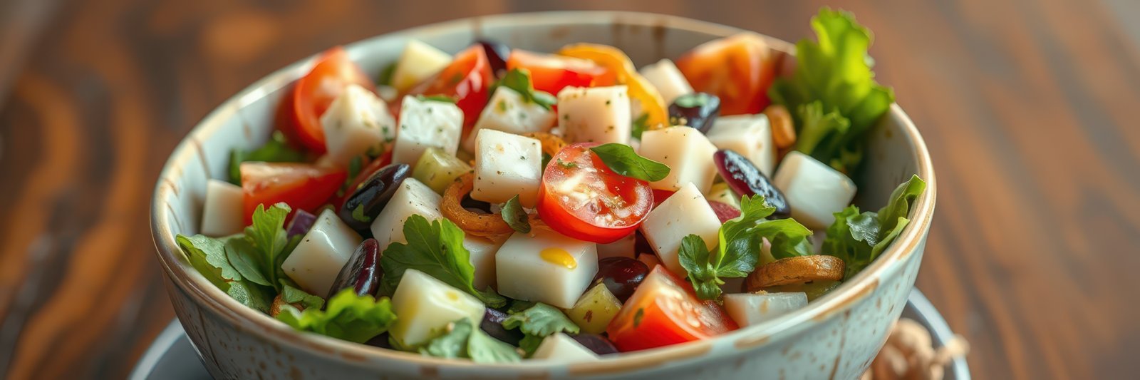 Fresh vegetable salad with tomatoes, cheese, and herbs served in a rustic bowl on wooden table
